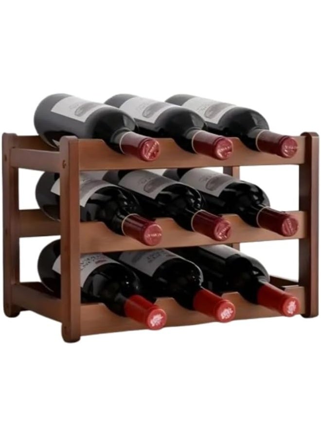 AL ARQAM 3-Layer Wooden Wine Rack – Holds 9 Bottles | Freestanding Red Wine Bottle Holder | Rustic Wood Wine Storage Shelf for Kitchen, Bar, or Countertop | Assembly Required - Image 1