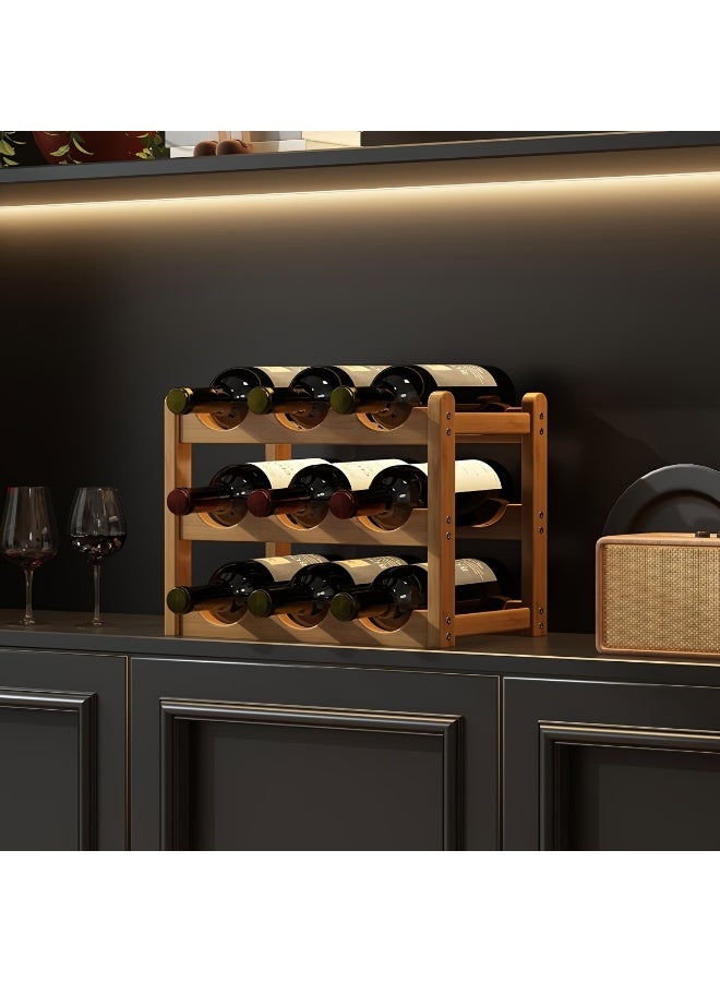 AL ARQAM 3-Layer Wooden Wine Rack – Holds 9 Bottles | Freestanding Red Wine Bottle Holder | Rustic Wood Wine Storage Shelf for Kitchen, Bar, or Countertop | Assembly Required - Image 4