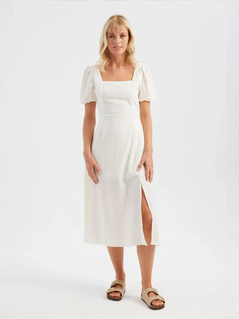 Hiccup Cotton Square Neck Short Sleeve Midi Dress