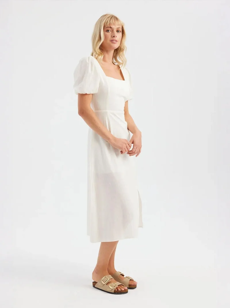 Hiccup Cotton Square Neck Short Sleeve Midi Dress