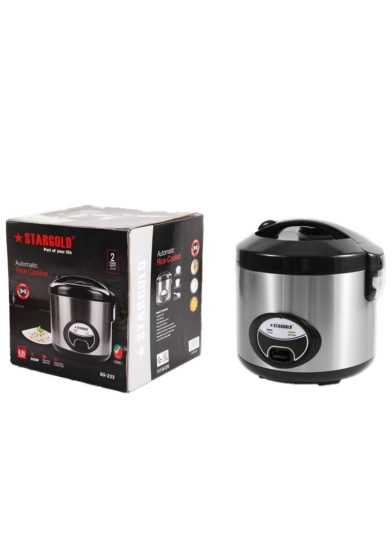 Stargold Electric Rice Cooker Non Stick Inner Pot 2.2 L  Stainless Steel Body Steamer Cook Warm Functions 900 W Silver/Black  - Image 2