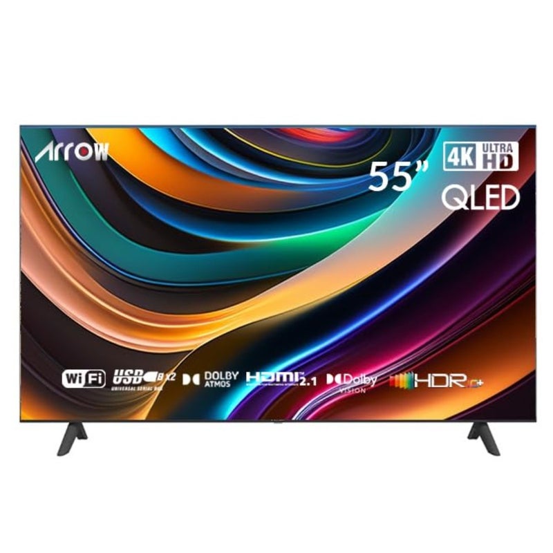 Living room QLED TV, 55-inch 4K UHD display with slim black design, built-in WiFi and Dolby Audio for immersive smart entertainment experience - Image 1