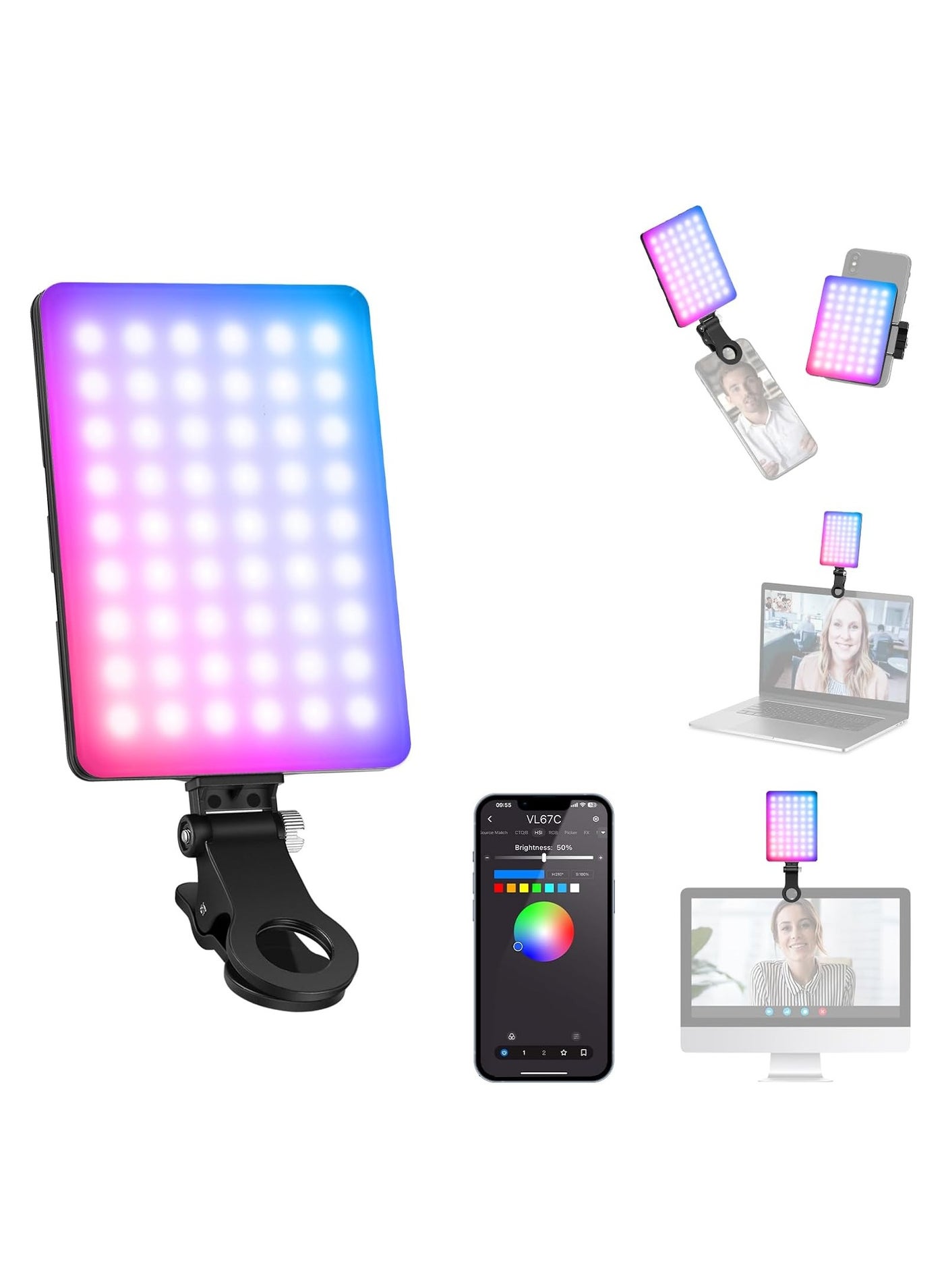 LED Light with Phone Holder & Light Clip, Dimmable with 3 Modes Phone Light, Built in 2000mAh Battery for Tablet, Laptop, Video Conference, Live Streams