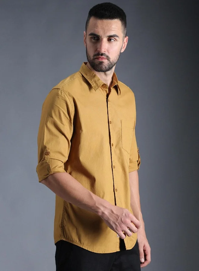 HIGH STAR Men's Khaki 100% Cotton Solid Pattern Button Down Regular Fit Shirt