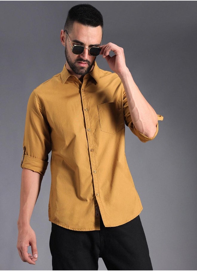 Men's Khaki 100% Cotton Solid Pattern Button Down Regular Fit Shirt