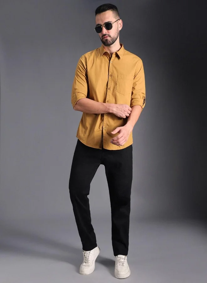 HIGH STAR Men's Khaki 100% Cotton Solid Pattern Button Down Regular Fit Shirt