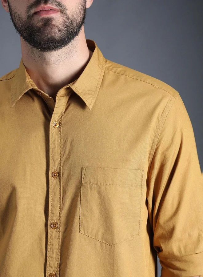 HIGH STAR Men's Khaki 100% Cotton Solid Pattern Button Down Regular Fit Shirt