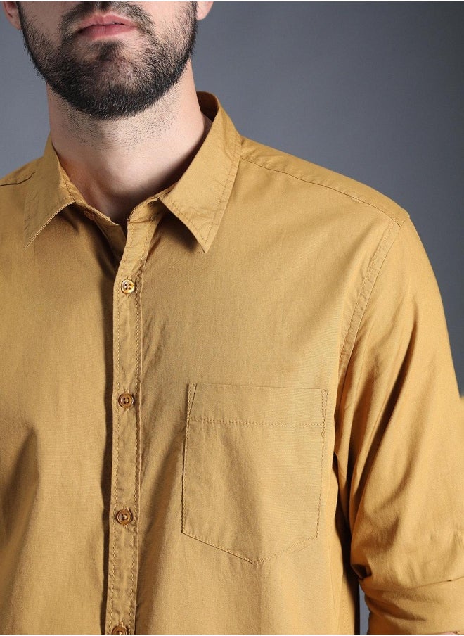 Men's Khaki 100% Cotton Solid Pattern Button Down Regular Fit Shirt