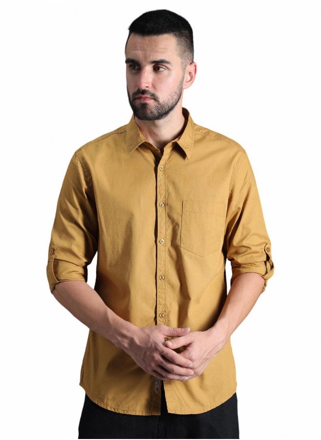 Men's Khaki 100% Cotton Solid Pattern Button Down Regular Fit Shirt