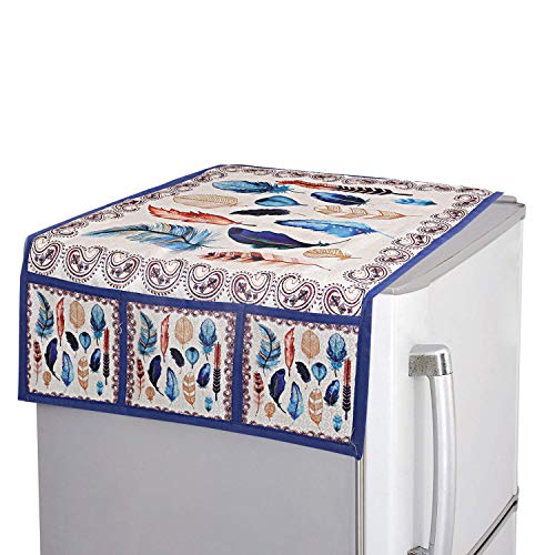 Kuber Industries Fridge Top Cover with 6 Utility Side Pockets|Birds Wings Design & Cotton Material| Size 94 x 54 CM (Cream and Blue)-CTKTC032705 - Image 1