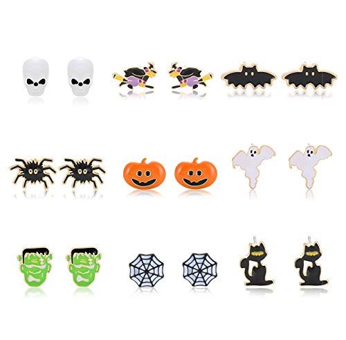 PHALIN 9 Pairs Halloween Earrings for Women Spider Web Pumpkin Ghost Bat Stud Earrings Halloween Outfits Accessories Costume Party Favors (9 Pairs halloween Earings Studs) - Image 3