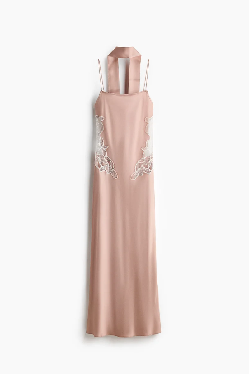 Lace-detail satin dress with scarf