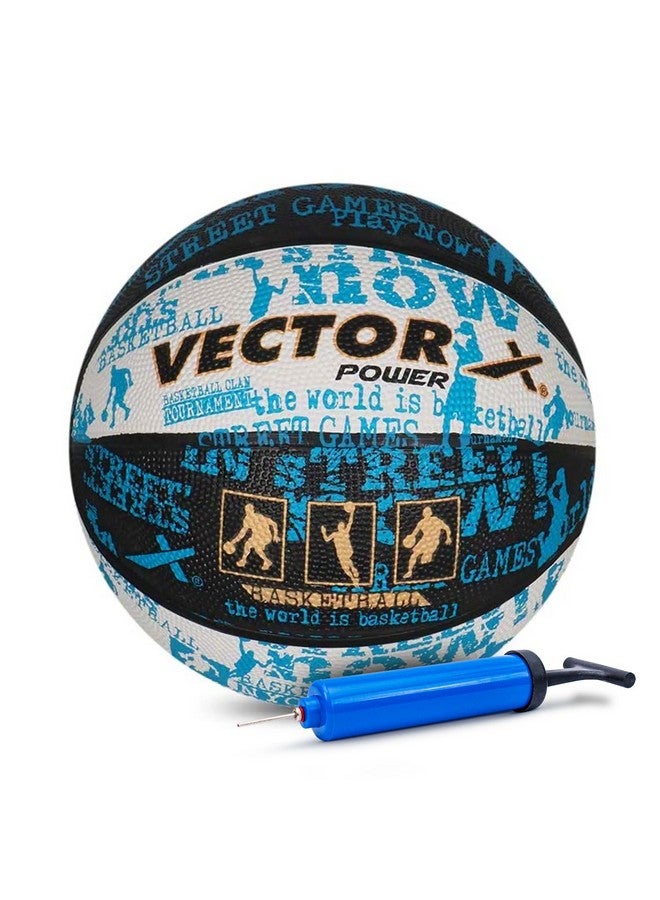 Vector X Power Rubber Moulded Indoor/Outdoor Basketball with Butyl Bladder, Black-White-Blue, Size: 7 (Suitable for Practice/Match/Training) + Free Air Needle - Image 1