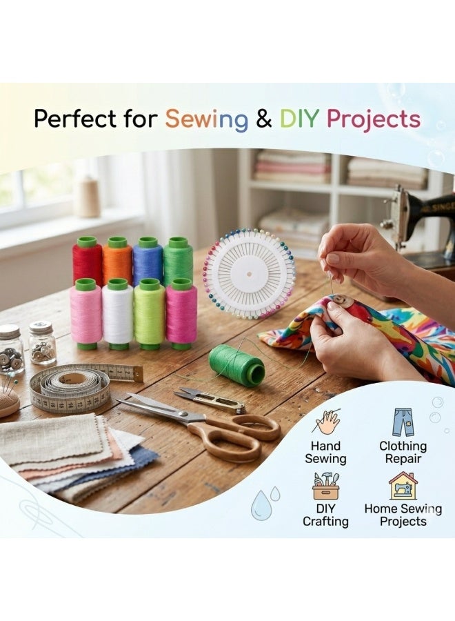 طلال مجموعة خيوط خياطة من 8 ألوان مع دبابيس برأس لؤلؤي - خيوط خياطة بوليستر قوية للخياطة اليدوية والآلية، والأعمال اليدوية، وإصلاح الملابس، ومجموعة أدوات الخياطة المنزلية - Image 3