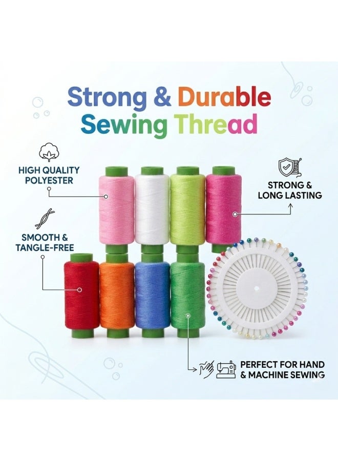 طلال مجموعة خيوط خياطة من 8 ألوان مع دبابيس برأس لؤلؤي - خيوط خياطة بوليستر قوية للخياطة اليدوية والآلية، والأعمال اليدوية، وإصلاح الملابس، ومجموعة أدوات الخياطة المنزلية - Image 4