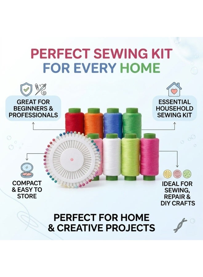 طلال مجموعة خيوط خياطة من 8 ألوان مع دبابيس برأس لؤلؤي - خيوط خياطة بوليستر قوية للخياطة اليدوية والآلية، والأعمال اليدوية، وإصلاح الملابس، ومجموعة أدوات الخياطة المنزلية - Image 5