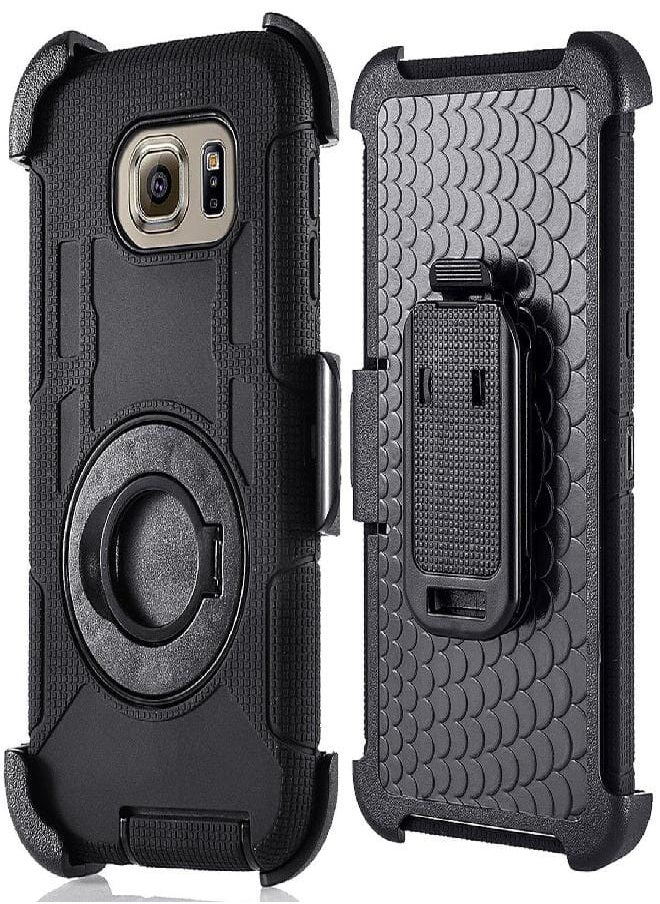 Generic Compatible for Samsung Galaxy S7 Edge Case (Not for S7), PlusMall Rugged Shockproof Hybrid Protective Case Back Cover with Swivel Belt Clip Hard Holster Defender Case Ring Rotating Kickstand (Black)  - Image 1