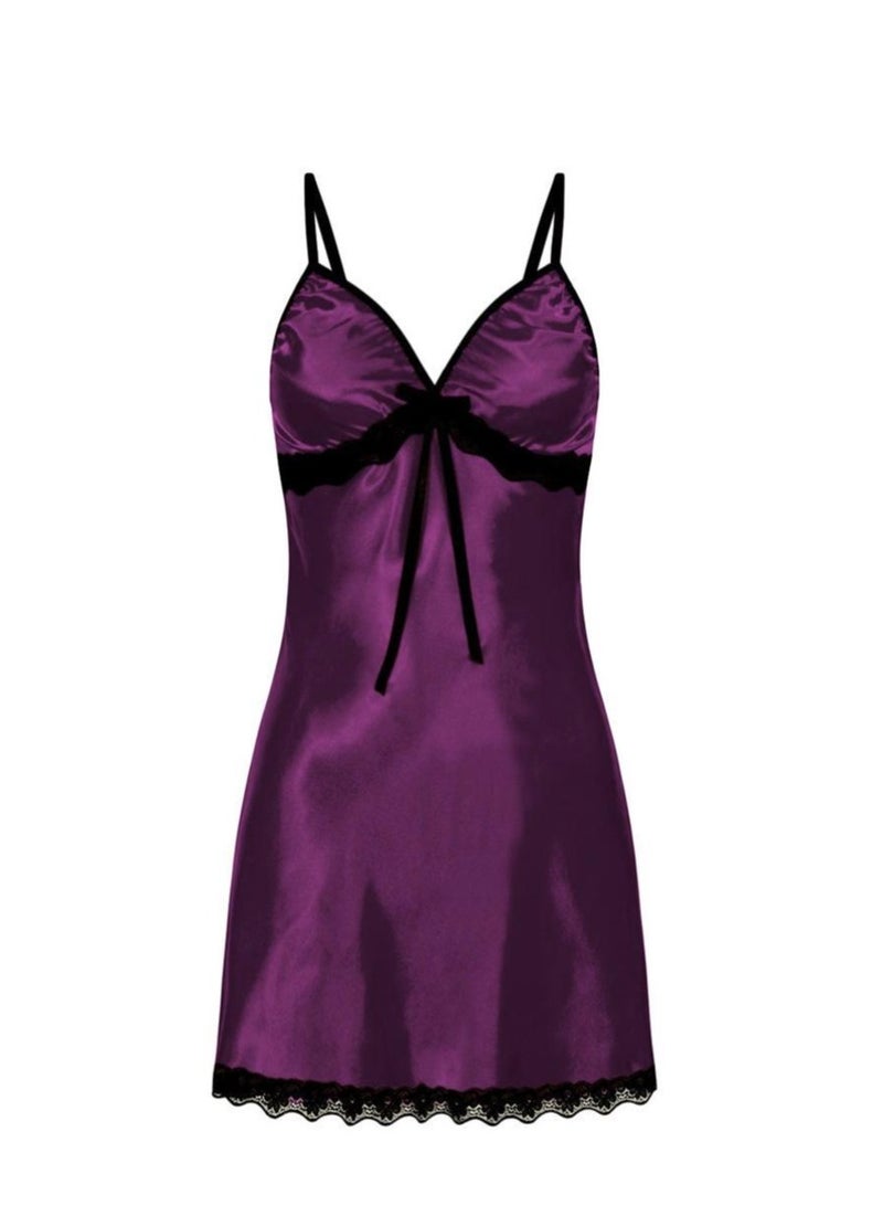 Women Floral  Lace Trim Satin Chemise Nightgown Cami Slip  Sleepwear Dress.  - Image 1