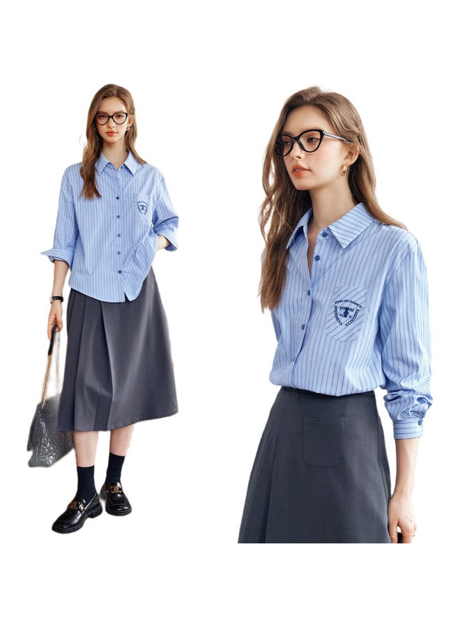 Olrain Long-Sleeve Shirt For Women, Spring British Academic Style Elegant Office Blouse, Blue Striped, Xl - Image 3