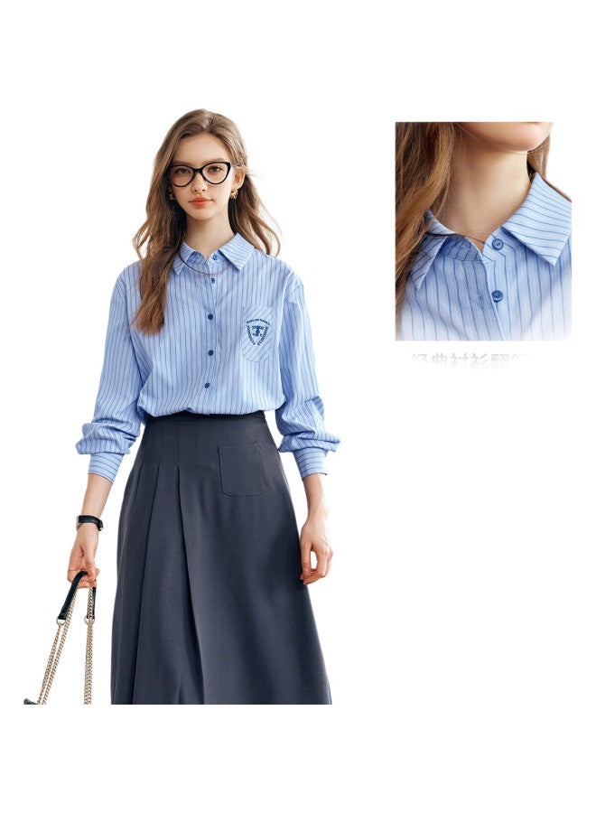 Olrain Long-Sleeve Shirt For Women, Spring British Academic Style Elegant Office Blouse, Blue Striped, Xl - Image 2