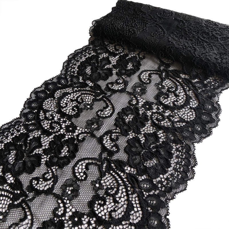 LUMKET 7 Inches Wide Stretchy Lace with Floral Pattern for Bridal Wedding Decorations Sewing DIY Making and DIY Crafts 5 Yards 6132 Black