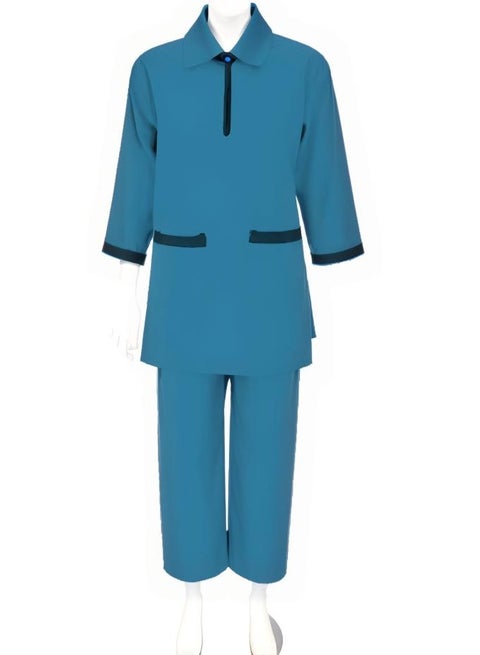 Women's Two-Piece Maid Uniform Set, 3/4 Sleeve Tunic with Collar, Maid and Nanny Dress Set With Long Pant, Scrub Set