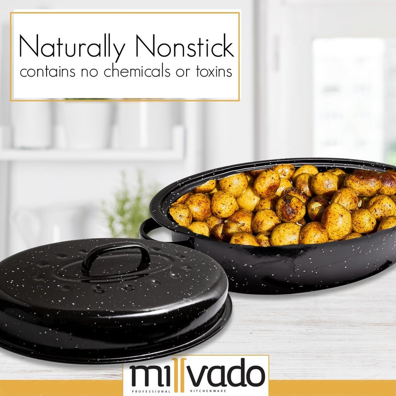 Millvado Roasting Pan With Lid, Turkey Roaster Pan, Extra Large 15 lb Capacity, 18" Granite Oven Roaster Oval Shaped Speckled Enamel on Steel Cookware - Image 4
