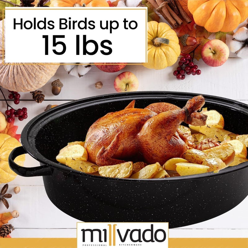 Millvado Roasting Pan With Lid, Turkey Roaster Pan, Extra Large 15 lb Capacity, 18" Granite Oven Roaster Oval Shaped Speckled Enamel on Steel Cookware - Image 3
