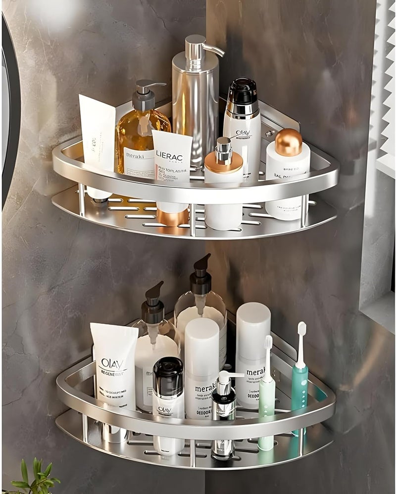 Boniry 2 Pcs Bathroom Accessories Aluminium Heavy Duty Self Adhesive Bathroom Corner Shelf for Wall Multipurpose Wall Mounted Bathroom Organiser Washroom Organizer Silver - Image 1