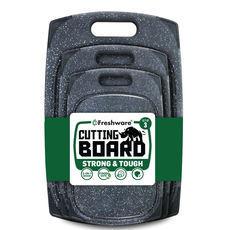 Freshware Plastic Cutting Boards for Kitchen, Cutting Board Set of 3, Juice Grooves with Easy Grip Handle, BPA-Free, Non-Porous, Dishwasher Safe, Black Marble - Image 1