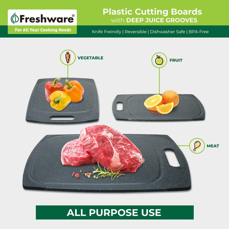 Freshware Plastic Cutting Boards for Kitchen, Cutting Board Set of 3, Juice Grooves with Easy Grip Handle, BPA-Free, Non-Porous, Dishwasher Safe, Black Marble - Image 3