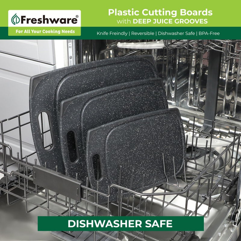 Freshware Plastic Cutting Boards for Kitchen, Cutting Board Set of 3, Juice Grooves with Easy Grip Handle, BPA-Free, Non-Porous, Dishwasher Safe, Black Marble - Image 4