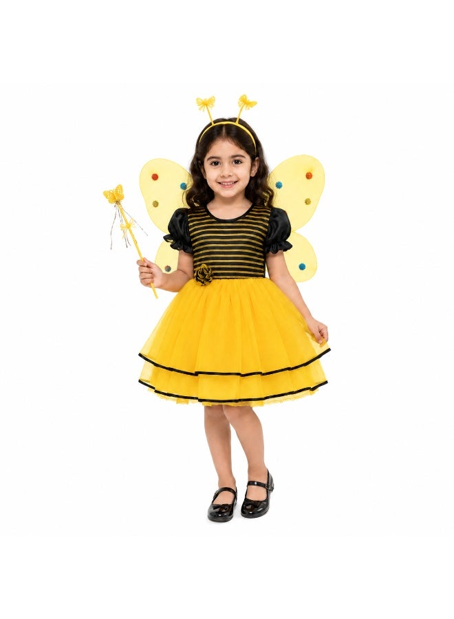 زي نحلة تنكري  فاخر للبنات من Joy Land - فستان أميرة منفوش باللون الأصفر والأسود مع أجنحة وإكسسوارات كاملة. - Image 1