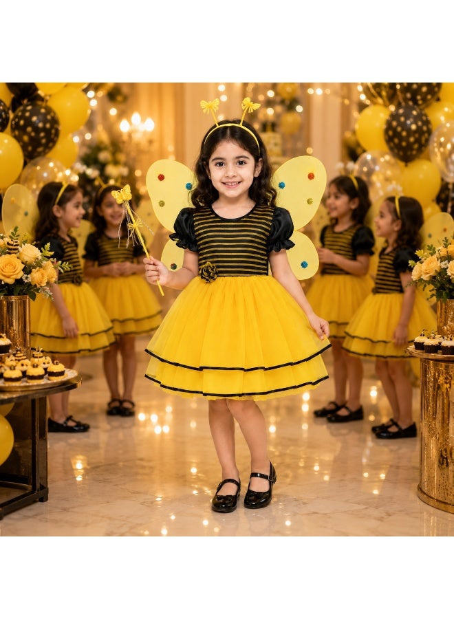 زي نحلة تنكري  فاخر للبنات من Joy Land - فستان أميرة منفوش باللون الأصفر والأسود مع أجنحة وإكسسوارات كاملة. - Image 2