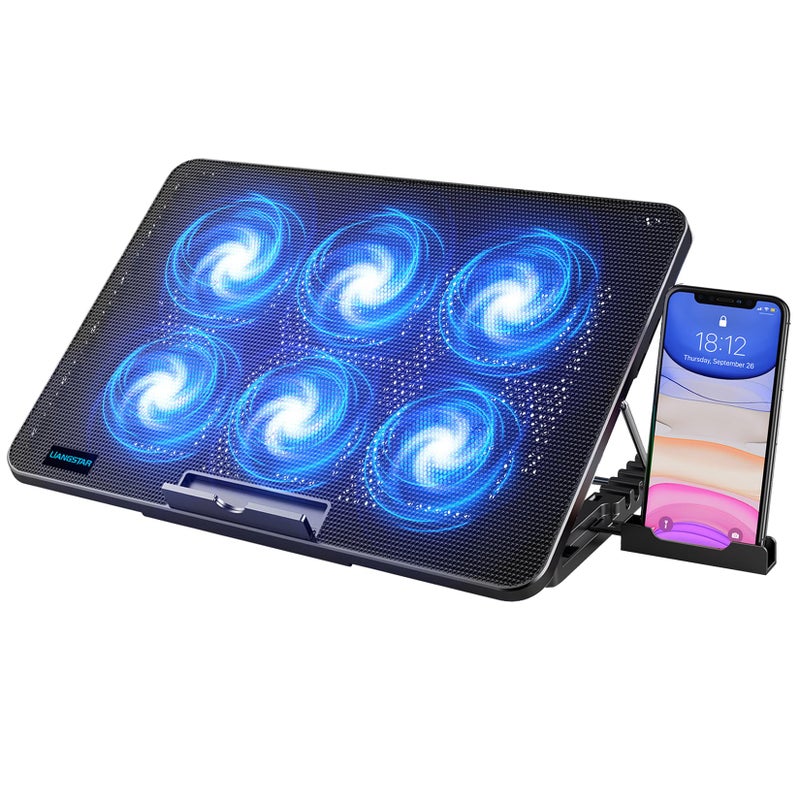 LIANGSTAR Laptop Cooling Pad, Laptop Cooler with 6 Quiet Fans for 12-17 Inch Notebook Gaming Fan Stable Stand, 7 Height & Wind Speed Adjustable, 2 USB Port & Phone Holder (Black) - Image 1