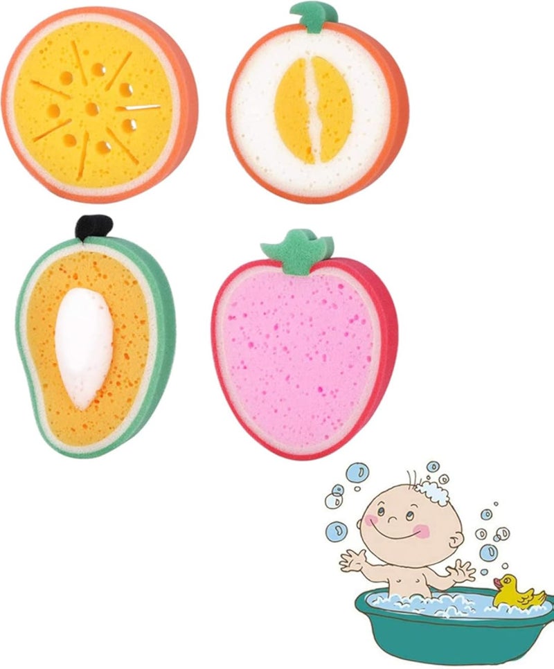 Bath Sponge 4 Pcs, Bath Shower Sponge Cute Fruit Mesh Pouf Shower Ball for Men Women Kids Children Exfoliate Cleanse Soothe Skin Cute Bath Glove Puppet Style Soft Baby Bathing Glove Sponge