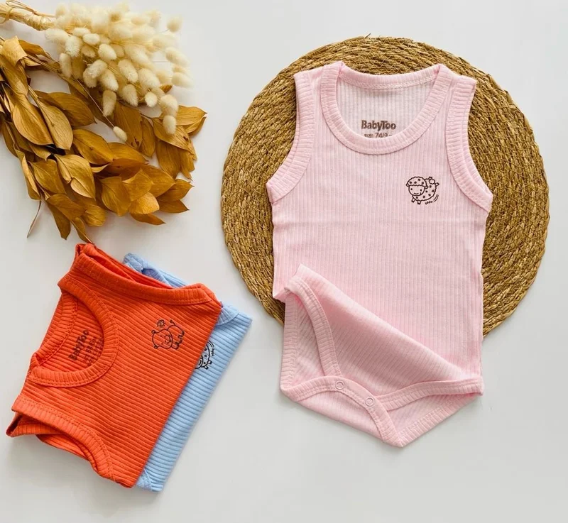 مياكيدزورلد Newborn Bodysuit Colorful Set of 3 Ribbed Soft Texture 0-9 Months
