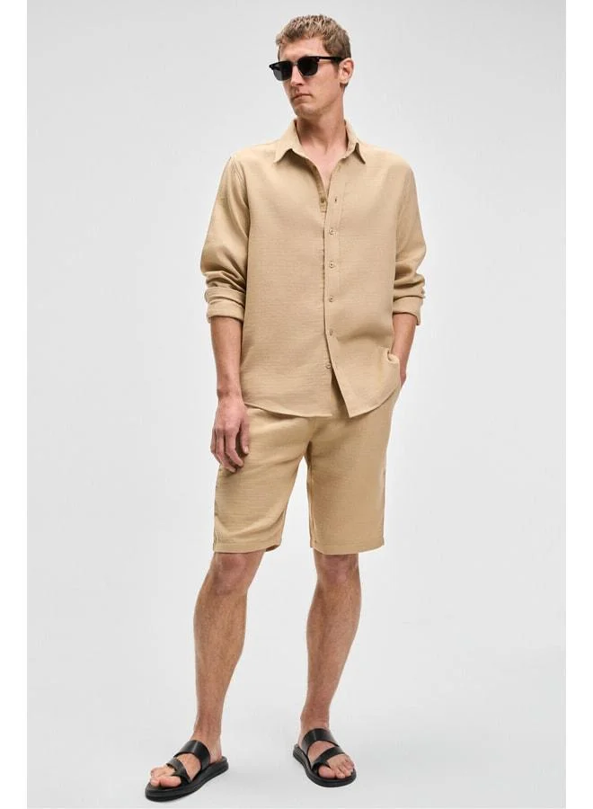 GRIMELANGE Jens Men's 100% Cotton Muslin Fabric Side Pocket Slim Fit Narrow Cut Beige Shorts.