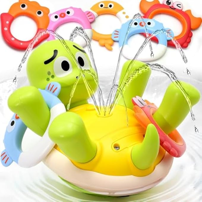 AM ANNA Baby Bath Toys, Turtles Bath Toy One-Touch Water Spray Button with 5 Rings,Rechargeable Bath Toys for Kids,Interactive Swimming Toys, Waterproof Water Toys for Babies - Image 1