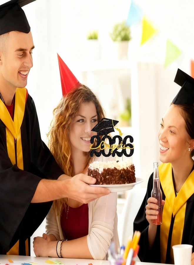 عبوة واحدة من زينة كعكة تخرج دفعة 2026، قبعة تخرج لامعة مزينة بشعار التخرج، زينة كعكة تخرج لعام 2026، لوازم تزيين كعكة حفلات تخرج طلاب المدارس الثانوية (أسود وذهبي) - Image 5