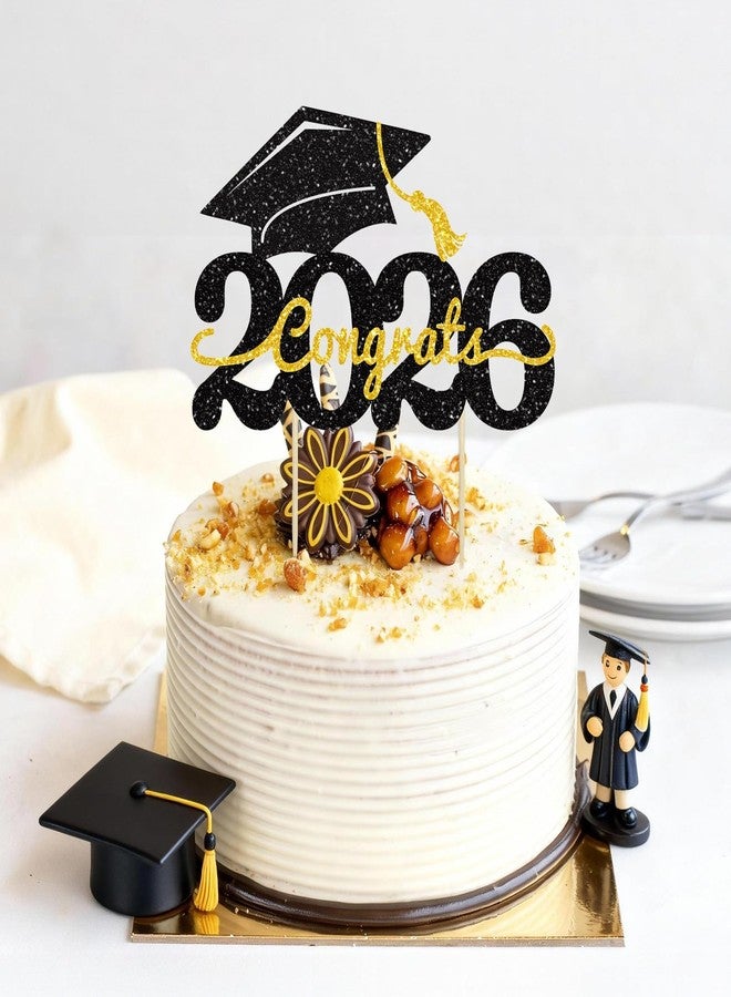 عبوة واحدة من زينة كعكة تخرج دفعة 2026، قبعة تخرج لامعة مزينة بشعار التخرج، زينة كعكة تخرج لعام 2026، لوازم تزيين كعكة حفلات تخرج طلاب المدارس الثانوية (أسود وذهبي) - Image 2