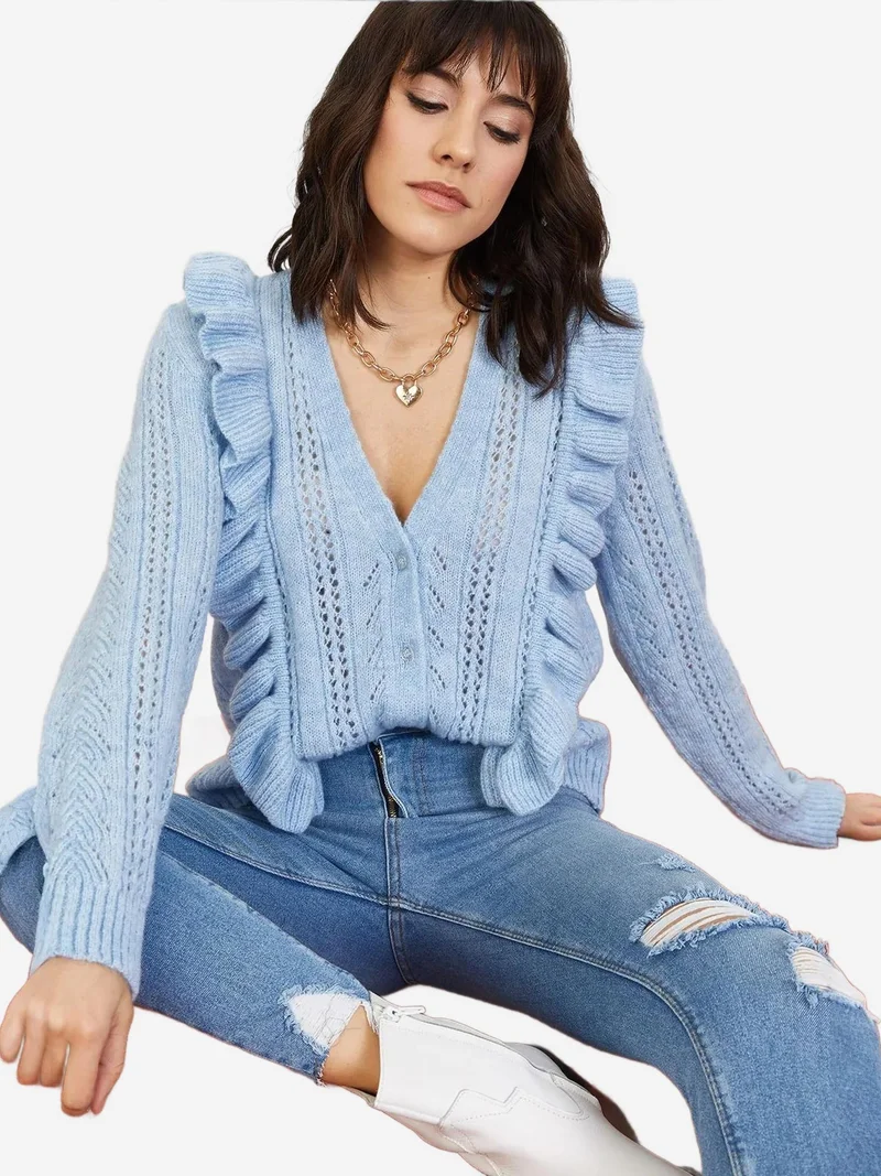 Bianco Lucci Maya Blue LUCCI Buttoned Jacquard Patterned Long Sleeve Cardigan for Women | Best Price UAE