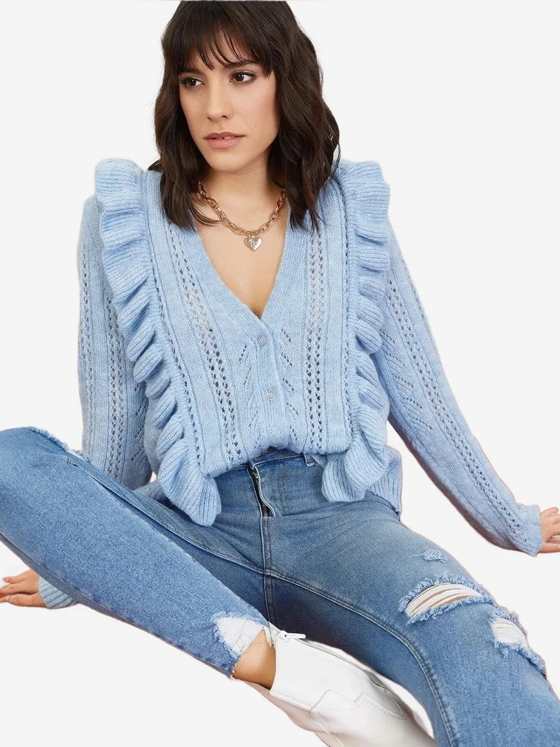 Bianco Lucci Maya Blue LUCCI Buttoned Jacquard Patterned Long Sleeve Cardigan for Women | Best Price UAE