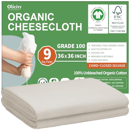 Olicity Organic Cheese Cloths, GOTS Certified, Grade 100, 36x36Inch, Reusable Cheese Cloth with Closed Edges Fabric Fine Mesh Cloth, Unbleached Cotton Muslin Cheesecloth for Straining,Cooking,Crafts - 9 Sq.Ft - Image 1
