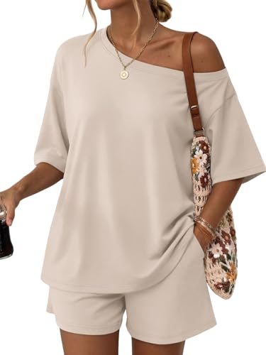 Trendy Queen Womens 2 Piece Summer Shorts Set Off The Shoulder Oversized Tops Lounge Matching Two Piece Spring Beach Vacation Outfits 2026 Sweatsuits Khaki M - Image 1