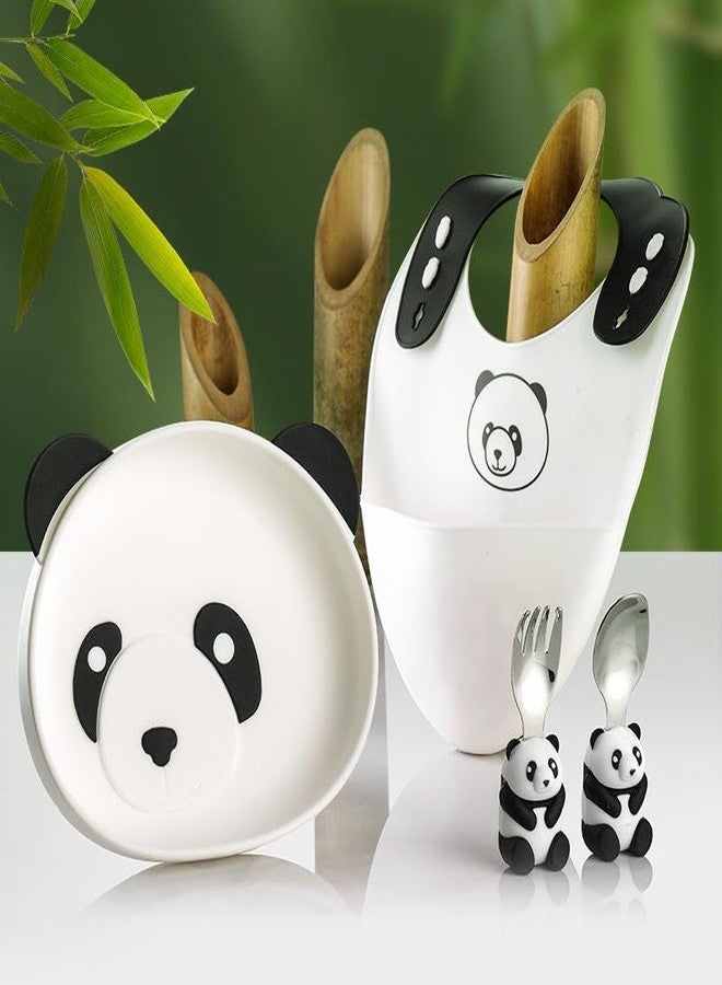 PRECHANA Suction FeedingPlates for Babies, Silicone FeedingPlates with Suction Divided, Babies Spoon Fork Set for Toddler Baby Dishes Kids (Panda) - Image 1