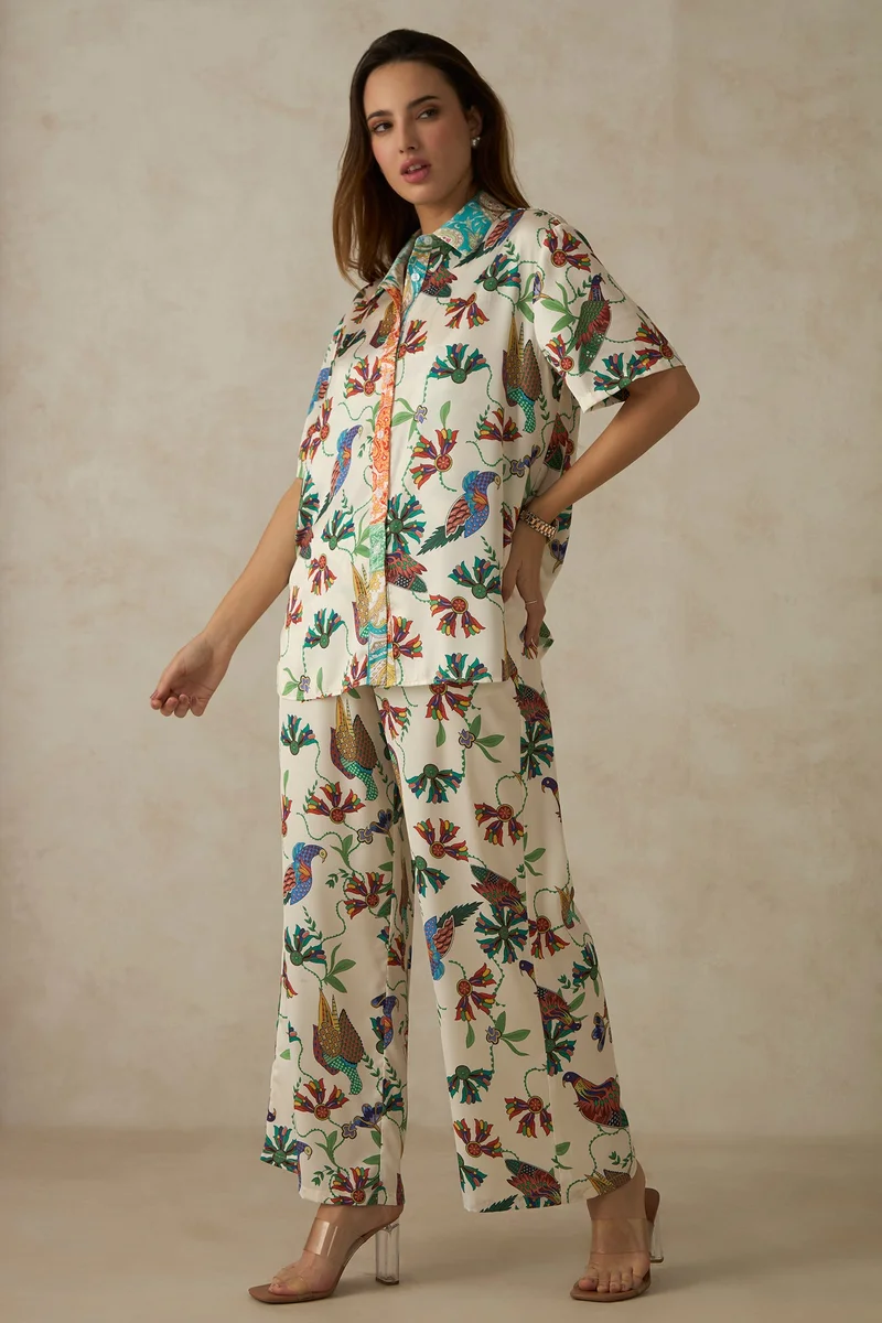 فيرجيو Abstract Satin Floral Print Wide Pants for Women