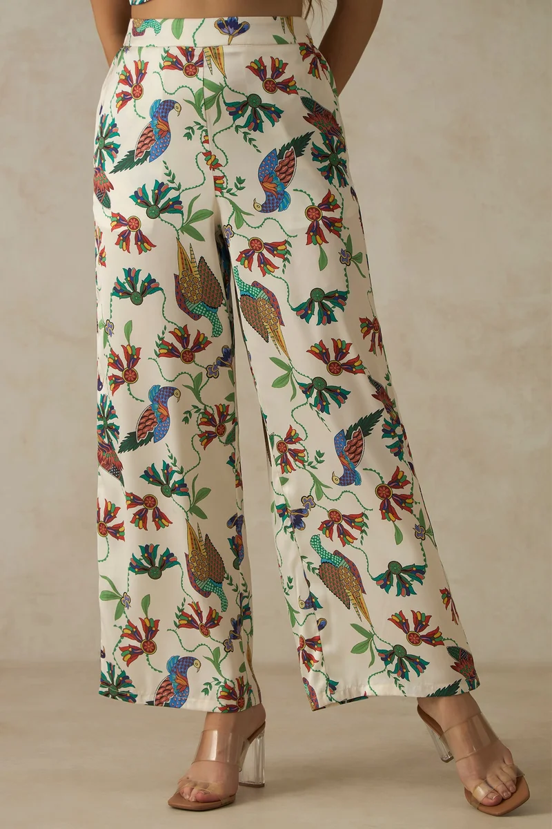 فيرجيو Abstract Satin Floral Print Wide Pants for Women