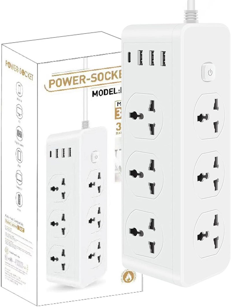 Maykela 6 Outlets Extension Cord Universal Power Strips with Surge Protector Extension Lead Outlets Plug Adapter With USB Slots+Type C Outlets,3M Wall Plug Adapter with Socket Multi Plug White - Image 1