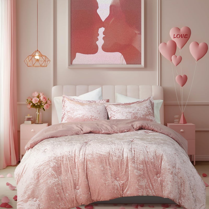 Comfort Spaces Juliette Luxe Comforter Set Velvet Lush with Soft Brushed Microfiber Reverse, All Season Cozy Velvet Bedding Sets, Fluffy Comforter Bed Set, Matching Sham, Blush Full/Queen 3 Piece - Image 1